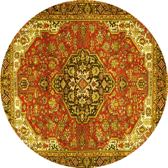 Round Machine Washable Medallion Yellow Traditional Rug, wshtr4199yw