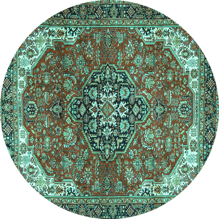 Round Machine Washable Medallion Turquoise Traditional Area Rugs, wshtr4199turq