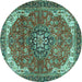 Round Machine Washable Medallion Turquoise Traditional Area Rugs, wshtr4199turq