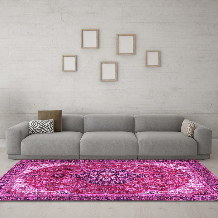 Machine Washable Medallion Pink Traditional Rug in a Living Room, wshtr4199pnk