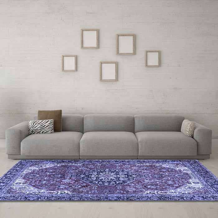 Machine Washable Medallion Blue Traditional Rug in a Living Room, wshtr4199blu