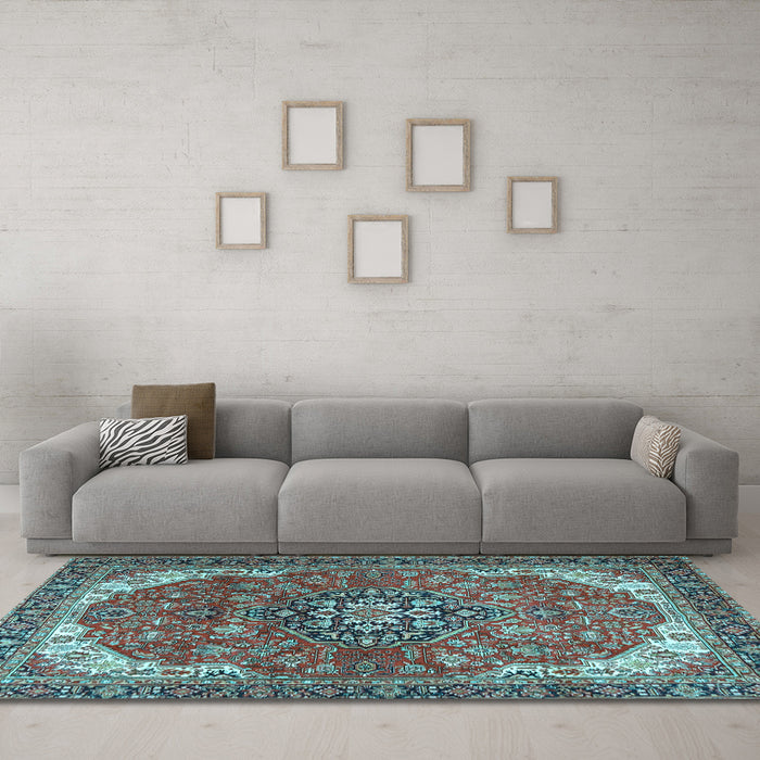 Machine Washable Medallion Light Blue Traditional Rug in a Living Room, wshtr4199lblu