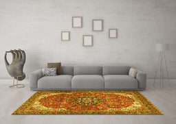 Machine Washable Medallion Yellow Traditional Rug in a Living Room, wshtr4199yw