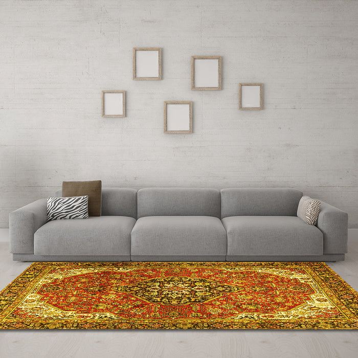Machine Washable Medallion Yellow Traditional Rug in a Living Room, wshtr4199yw
