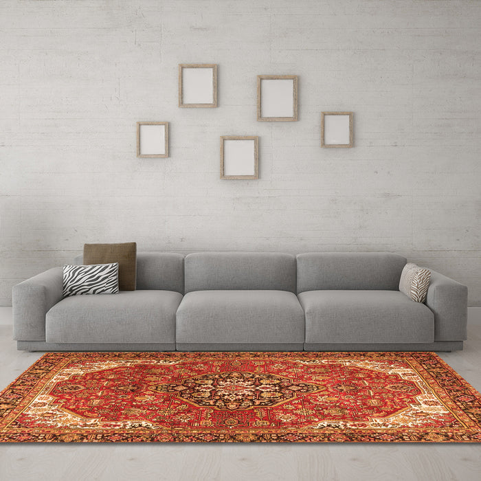 Machine Washable Medallion Orange Traditional Area Rugs in a Living Room, wshtr4199org