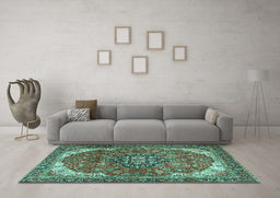 Machine Washable Medallion Turquoise Traditional Area Rugs in a Living Room,, wshtr4199turq