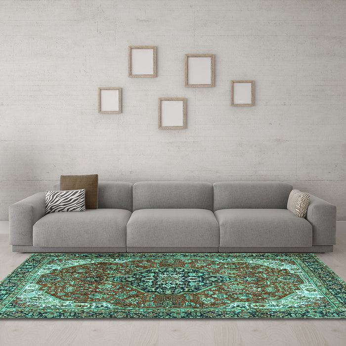 Machine Washable Medallion Turquoise Traditional Area Rugs in a Living Room,, wshtr4199turq