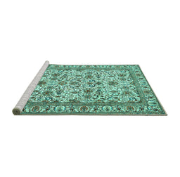 Sideview of Machine Washable Persian Turquoise Traditional Area Rugs, wshtr419turq