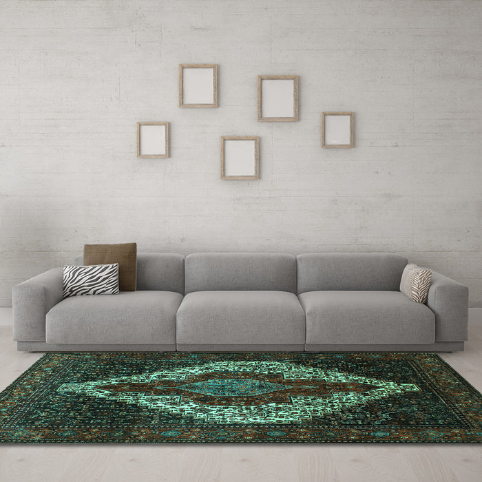 Machine Washable Persian Turquoise Traditional Area Rugs in a Living Room,, wshtr41turq