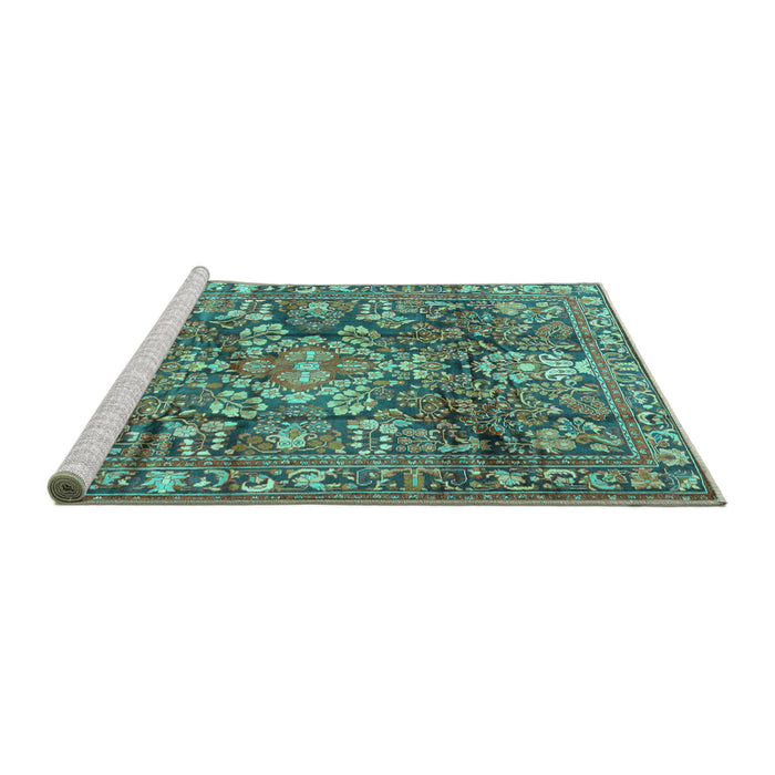 Sideview of Machine Washable Persian Turquoise Traditional Area Rugs, wshtr4200turq