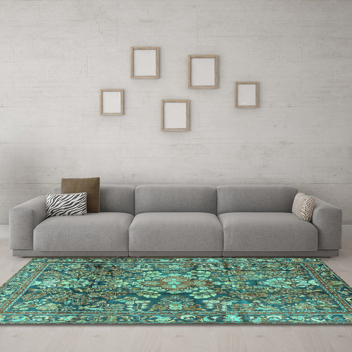 Machine Washable Persian Turquoise Traditional Area Rugs in a Living Room,, wshtr4200turq