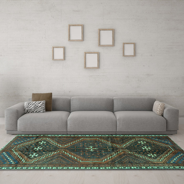 Machine Washable Persian Turquoise Traditional Area Rugs in a Living Room,, wshtr4201turq