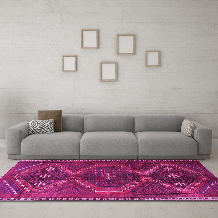 Machine Washable Persian Pink Traditional Rug in a Living Room, wshtr4201pnk