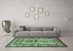 Machine Washable Persian Turquoise Traditional Area Rugs in a Living Room,, wshtr4202turq