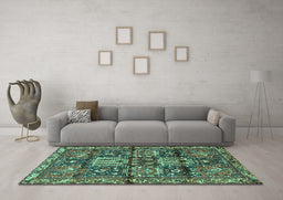 Machine Washable Persian Turquoise Traditional Area Rugs in a Living Room,, wshtr4203turq