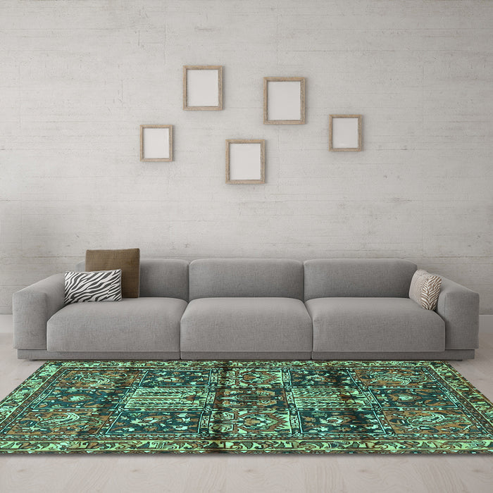 Machine Washable Persian Turquoise Traditional Area Rugs in a Living Room,, wshtr4203turq