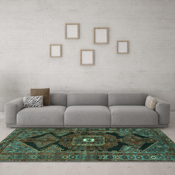 Machine Washable Persian Turquoise Traditional Area Rugs in a Living Room,, wshtr4204turq