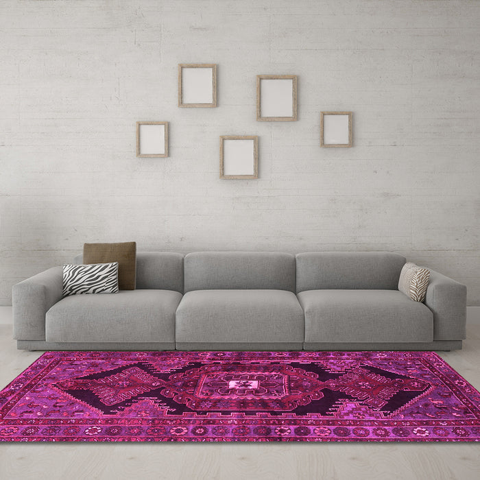 Machine Washable Persian Pink Traditional Rug in a Living Room, wshtr4204pnk