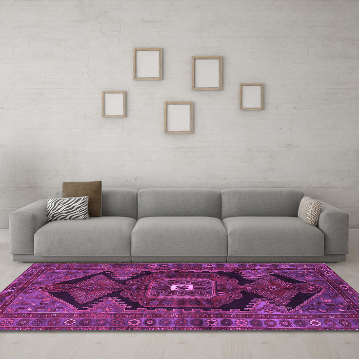 Machine Washable Persian Purple Traditional Area Rugs in a Living Room, wshtr4204pur