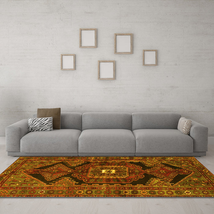 Machine Washable Persian Yellow Traditional Rug in a Living Room, wshtr4204yw