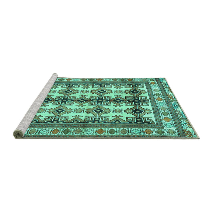 Sideview of Machine Washable Persian Turquoise Traditional Area Rugs, wshtr4205turq