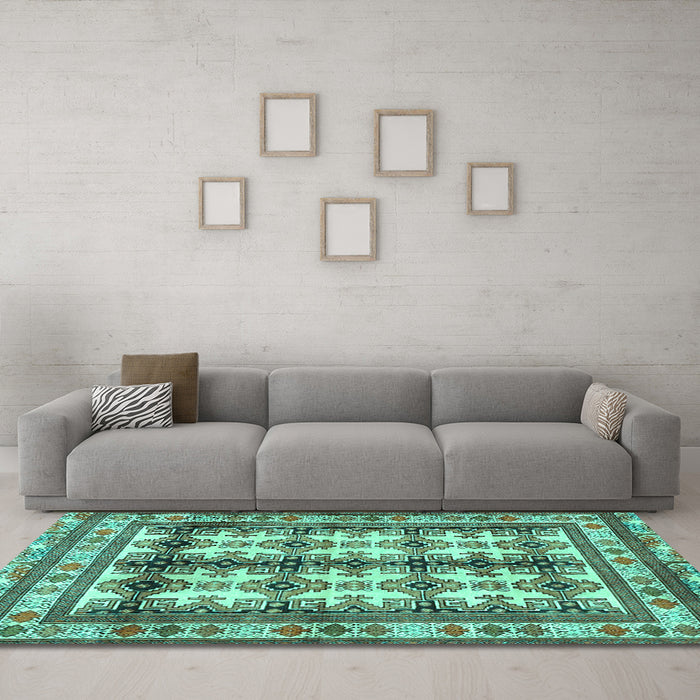 Machine Washable Persian Turquoise Traditional Area Rugs in a Living Room,, wshtr4205turq