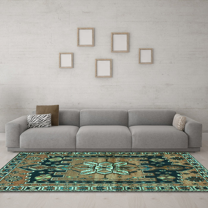 Machine Washable Persian Turquoise Traditional Area Rugs in a Living Room,, wshtr4206turq
