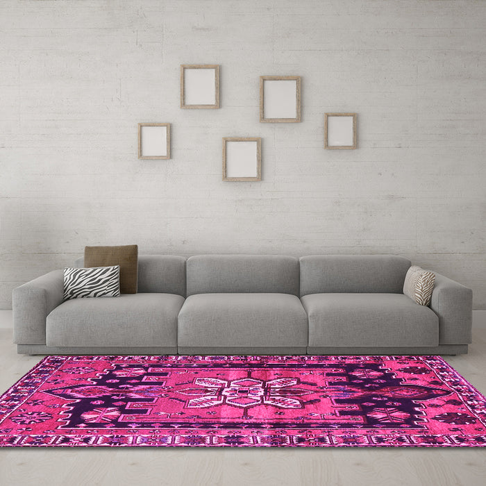 Machine Washable Persian Pink Traditional Rug in a Living Room, wshtr4206pnk