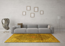 Machine Washable Medallion Yellow Traditional Rug in a Living Room, wshtr4207yw