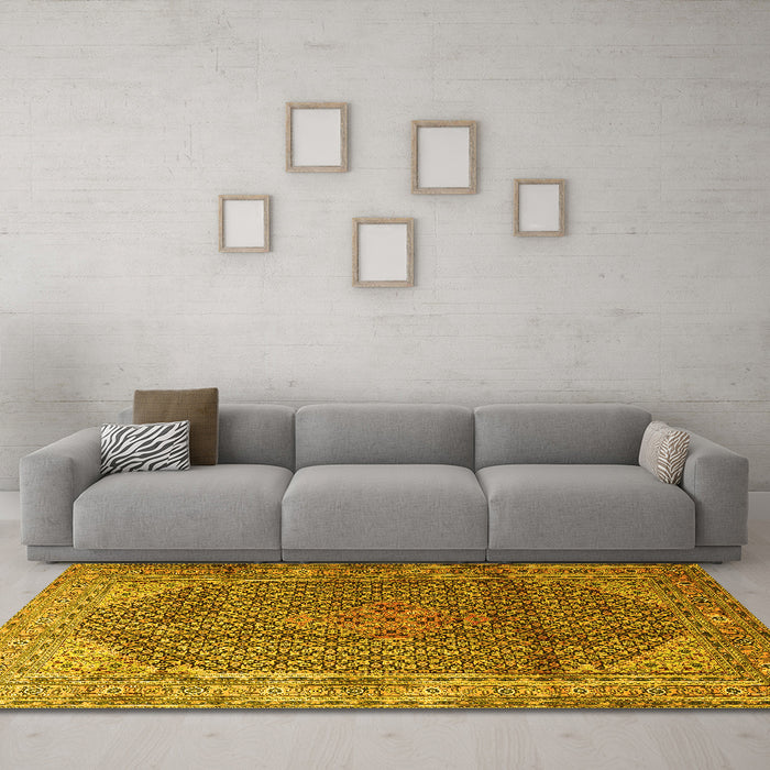 Machine Washable Medallion Yellow Traditional Rug in a Living Room, wshtr4207yw