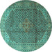 Round Machine Washable Medallion Turquoise Traditional Area Rugs, wshtr4207turq