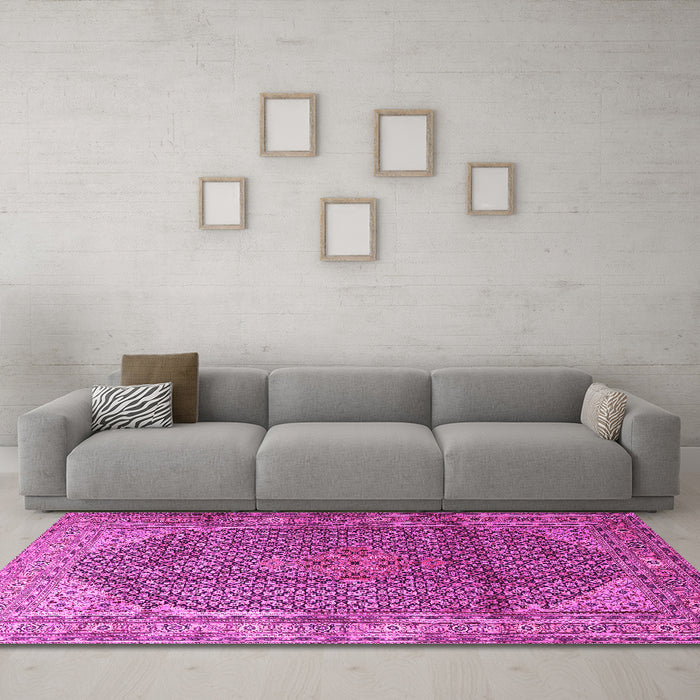 Machine Washable Medallion Pink Traditional Rug in a Living Room, wshtr4207pnk