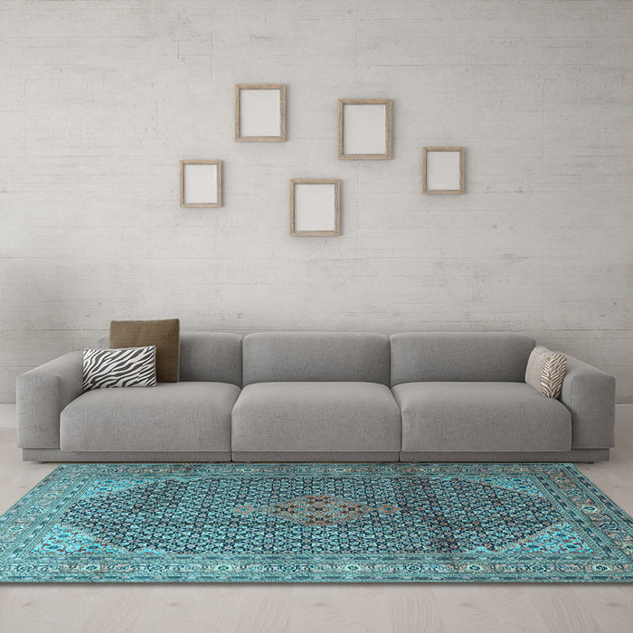Machine Washable Medallion Light Blue Traditional Rug in a Living Room, wshtr4207lblu