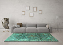 Machine Washable Medallion Turquoise Traditional Area Rugs in a Living Room,, wshtr4207turq