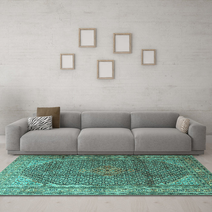 Machine Washable Medallion Turquoise Traditional Area Rugs in a Living Room,, wshtr4207turq