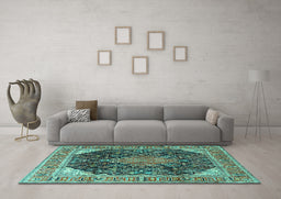 Machine Washable Medallion Turquoise Traditional Area Rugs in a Living Room,, wshtr4208turq