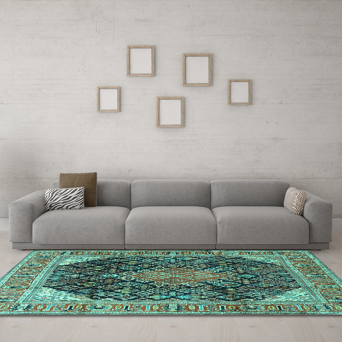 Machine Washable Medallion Turquoise Traditional Area Rugs in a Living Room,, wshtr4208turq