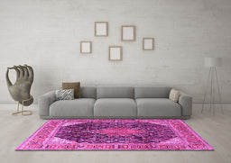 Machine Washable Medallion Pink Traditional Rug in a Living Room, wshtr4208pnk