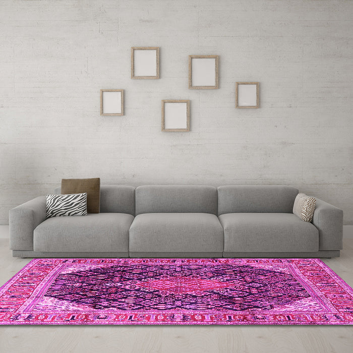 Machine Washable Medallion Pink Traditional Rug in a Living Room, wshtr4208pnk