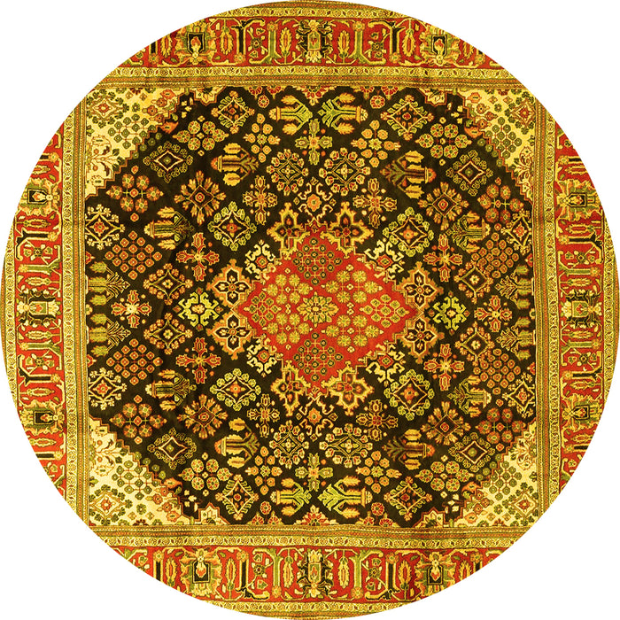 Round Machine Washable Medallion Yellow Traditional Rug, wshtr4208yw