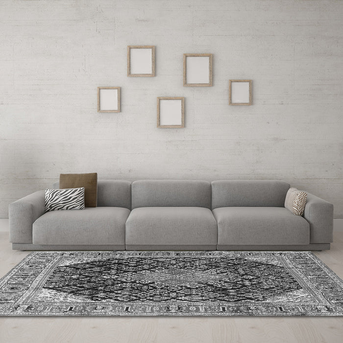 Machine Washable Medallion Gray Traditional Rug in a Living Room,, wshtr4208gry