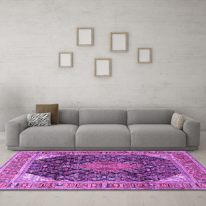 Machine Washable Medallion Purple Traditional Area Rugs in a Living Room, wshtr4208pur