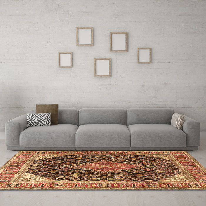 Machine Washable Medallion Brown Traditional Rug in a Living Room,, wshtr4208brn