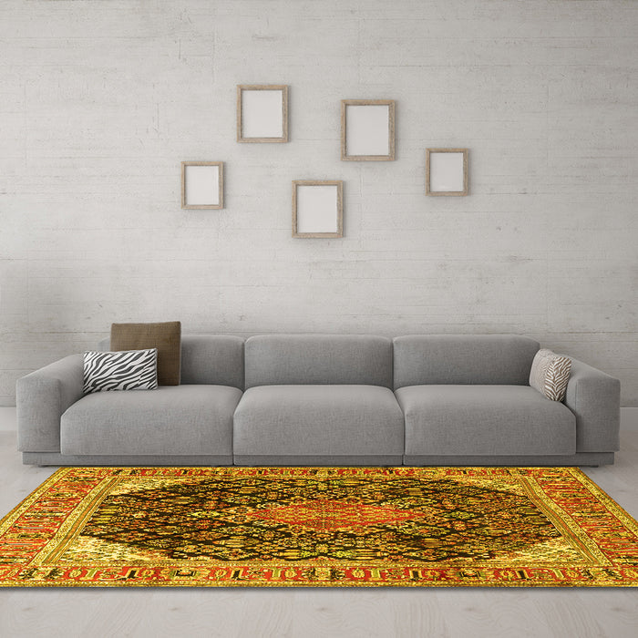Machine Washable Medallion Yellow Traditional Rug in a Living Room, wshtr4208yw