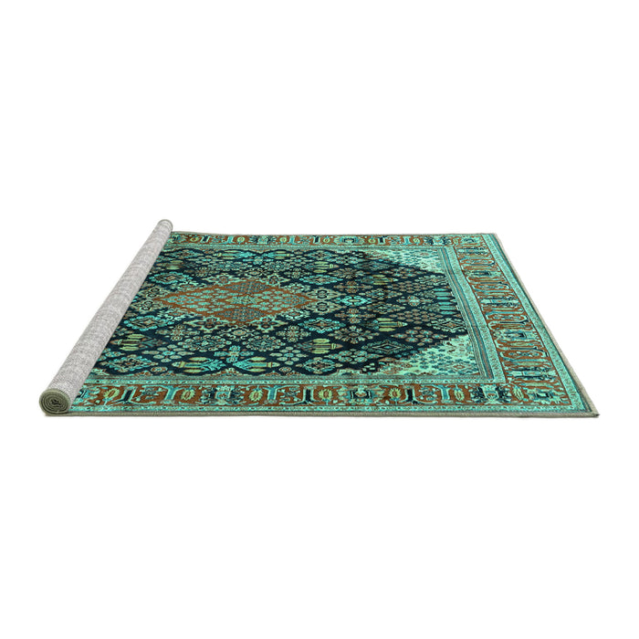 Sideview of Machine Washable Medallion Turquoise Traditional Area Rugs, wshtr4208turq