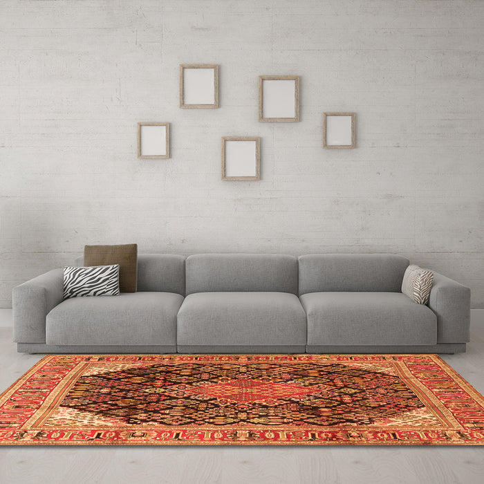Machine Washable Medallion Orange Traditional Area Rugs in a Living Room, wshtr4208org