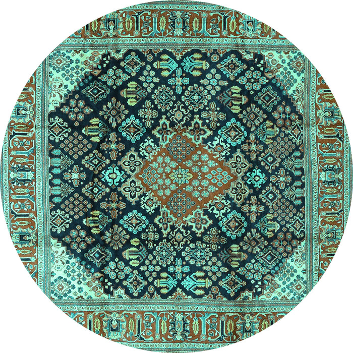 Round Machine Washable Medallion Turquoise Traditional Area Rugs, wshtr4208turq