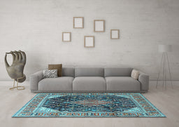 Machine Washable Medallion Light Blue Traditional Rug in a Living Room, wshtr4208lblu