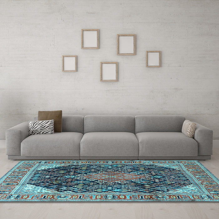 Machine Washable Medallion Light Blue Traditional Rug in a Living Room, wshtr4208lblu