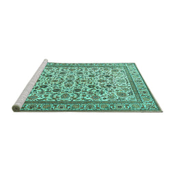 Sideview of Machine Washable Persian Turquoise Traditional Area Rugs, wshtr4209turq